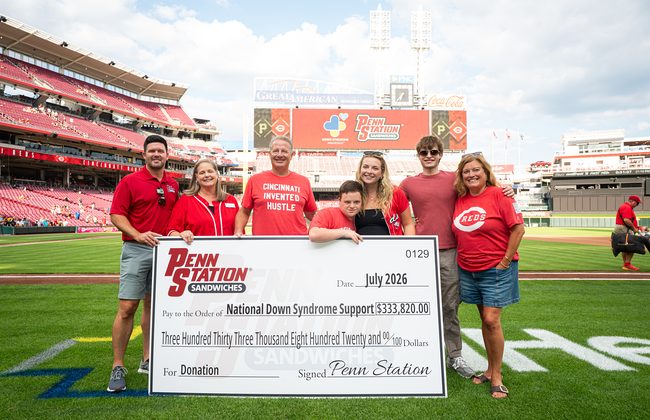 Penn Station presents a $333,820 check to National Down Syndrome Support at Great American Ball Park, July 2026